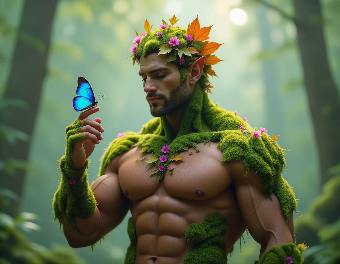 Moss-skinned Anthropomorphic Being with Flowers and Mushroom...