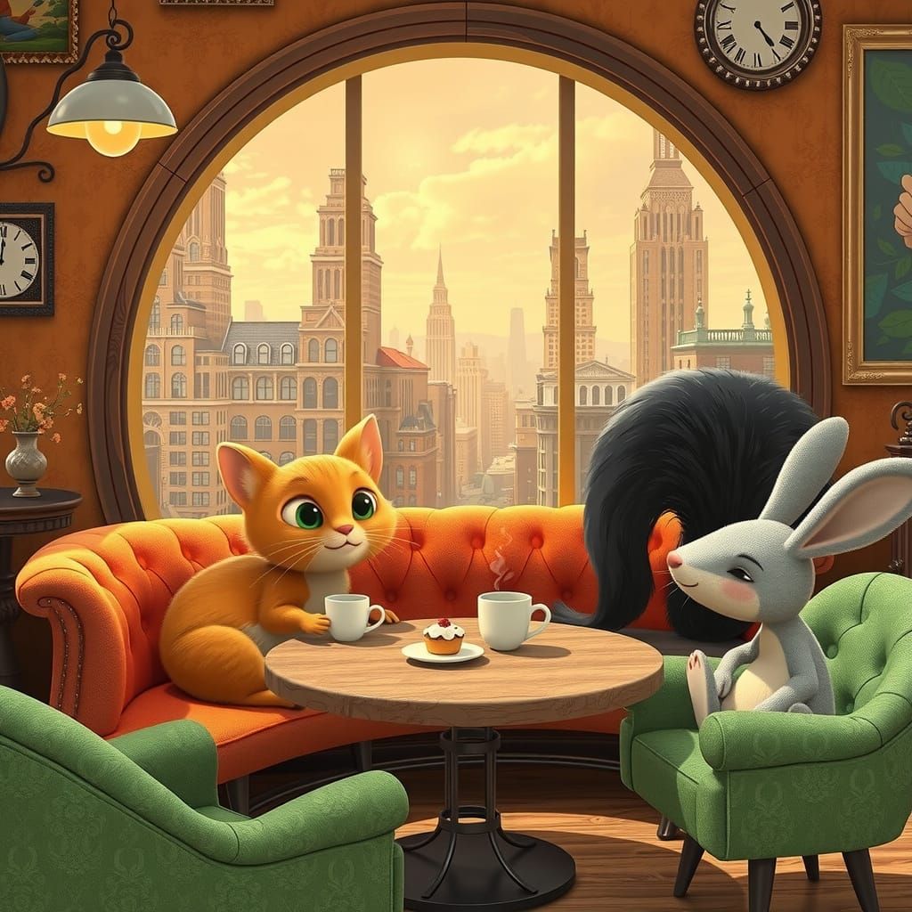Charming Cartoon Animals Enjoying Coffee in New York City