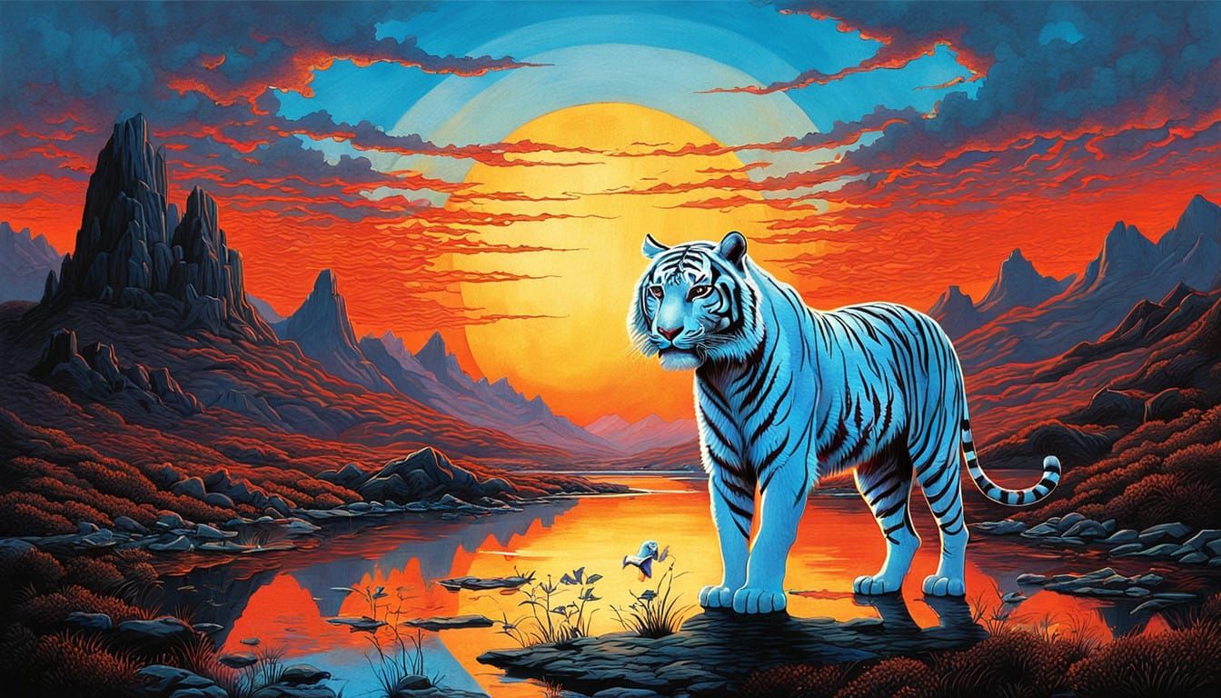 Mystical White Tiger in Whirling Sunset with Ethereal Creatu...