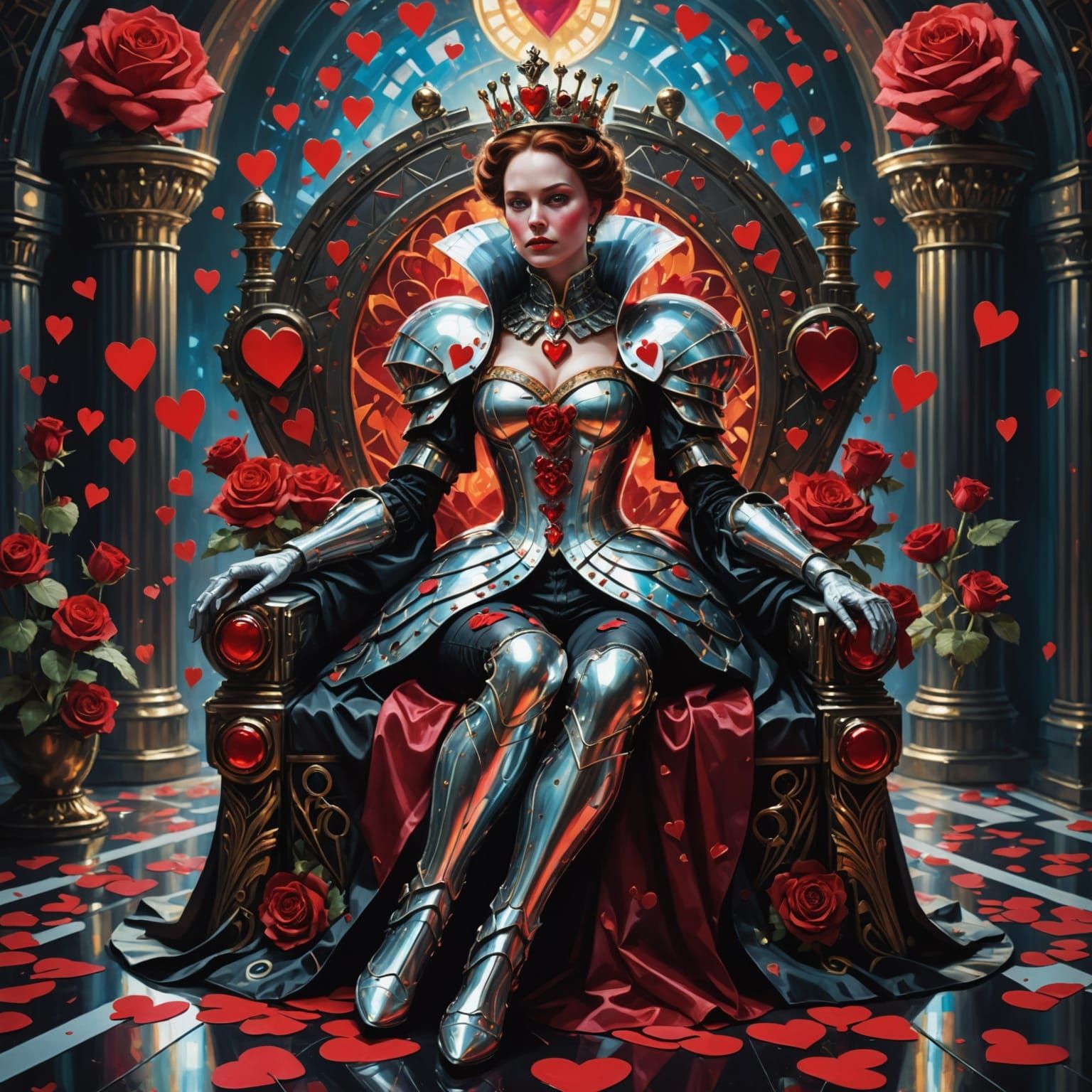 Regal Cyborg Queen of Hearts with Glowing Metallic Heart