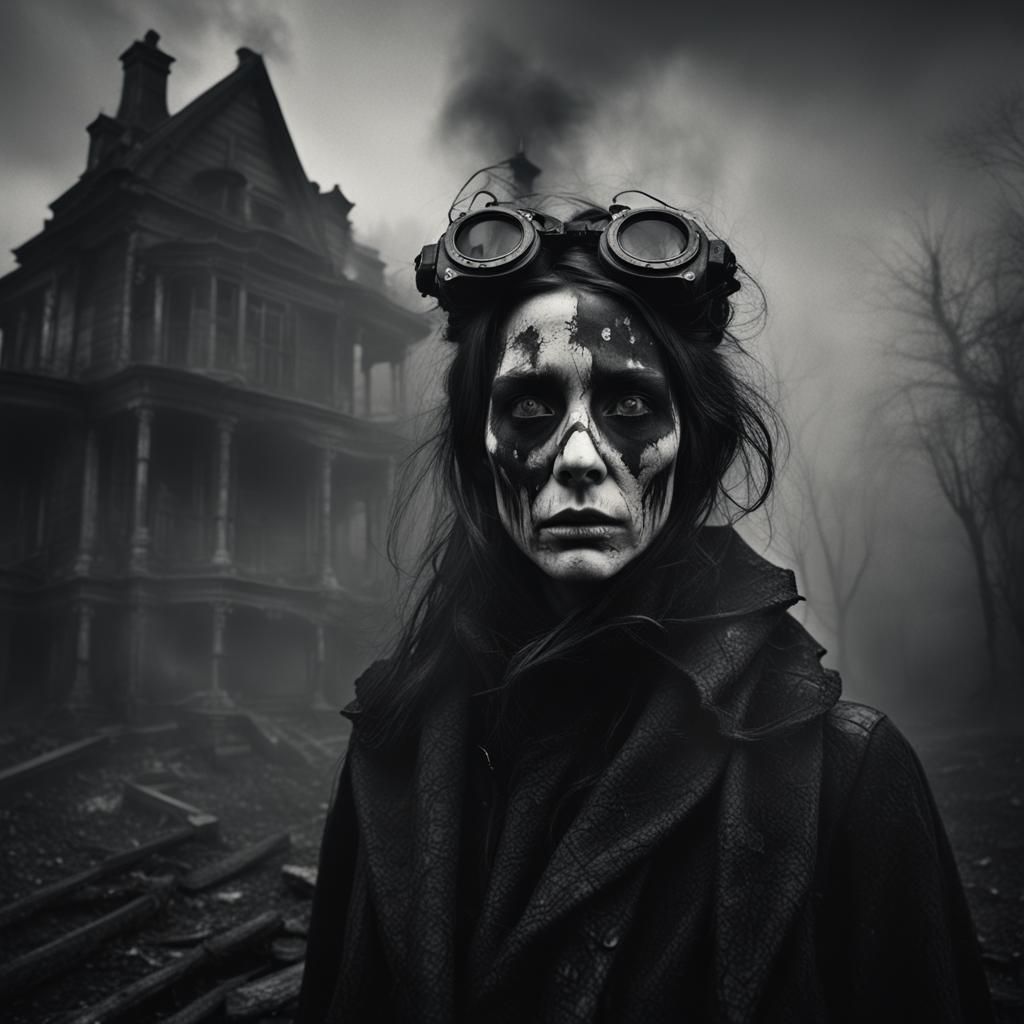 Gothic Model in Haunted House with VR Goggles