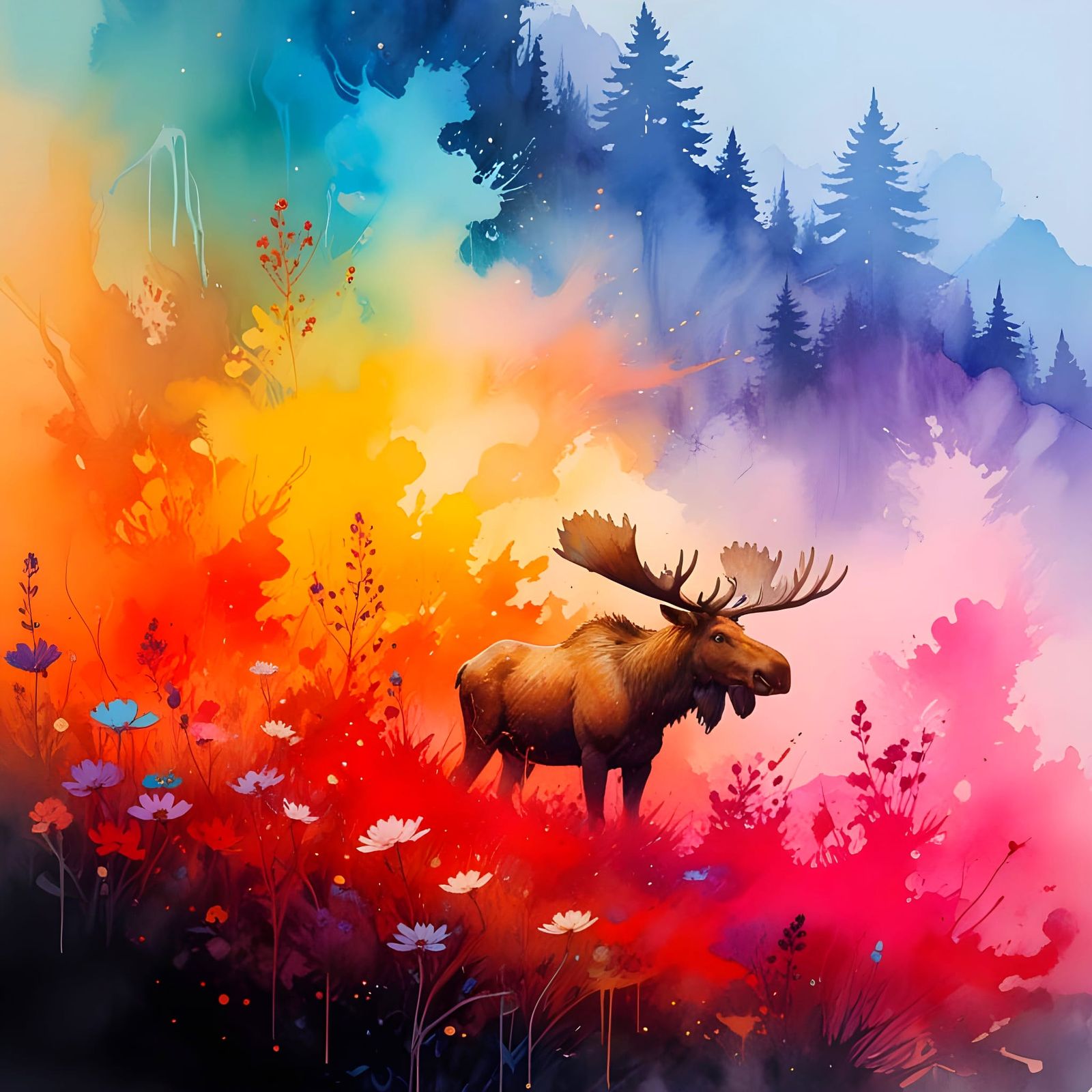 Epic Fantasy Moose Scene in Whimsical Watercolor Style