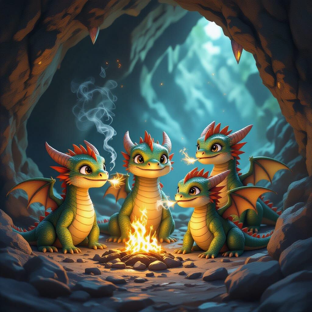 Baby Dragons Learning to Breathe Fire in Crystal Cave