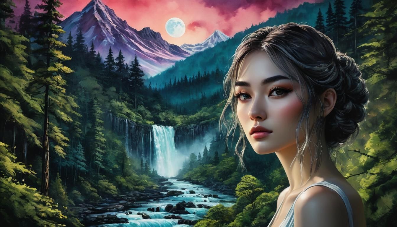 Lush Forest Girl: Alcohol Ink Painting in Wall Style