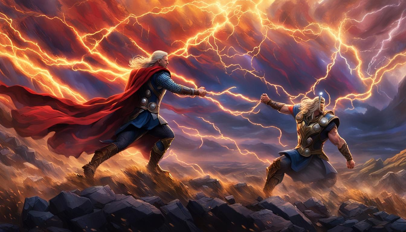 Thor and Wind God Clash in Stormy Landscape