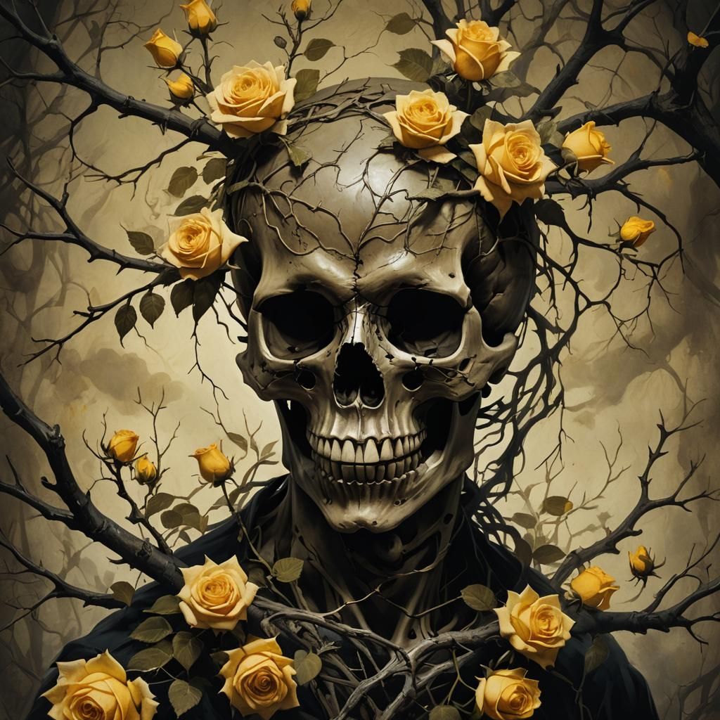 Skull with Roses, Dark Fantasy Illustration