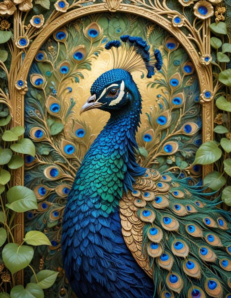 Peacock in Tea Garden: Art Nouveau Klimt Style