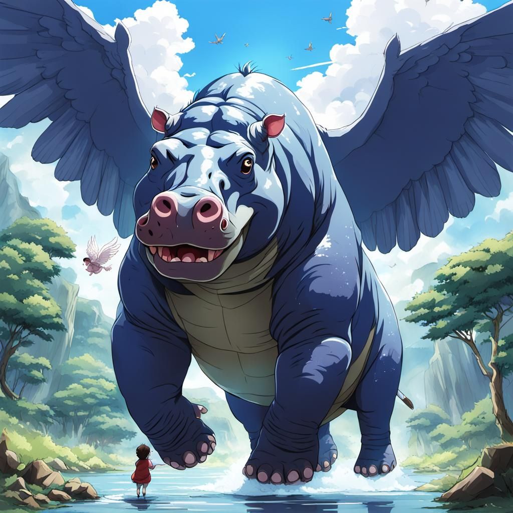 Winged Hippopotamus Guardian with Child in Anime Style
