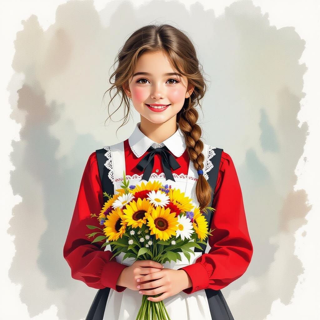 Scottish Schoolgirl in Red Uniform with Floral Bouquet