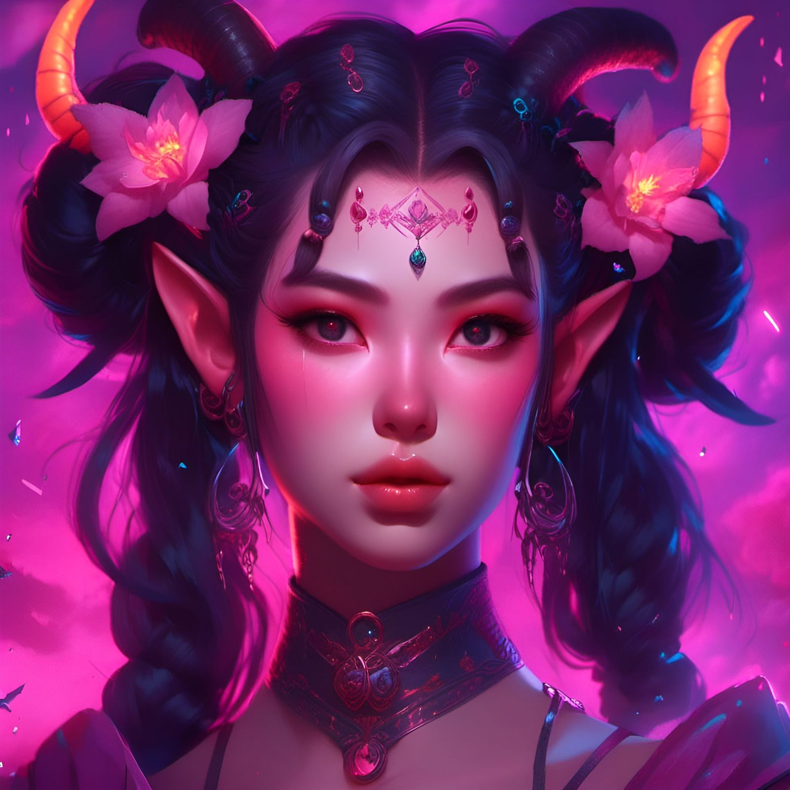 Cute Tiefling Girl with Flower Horns in Detailed Digital Art