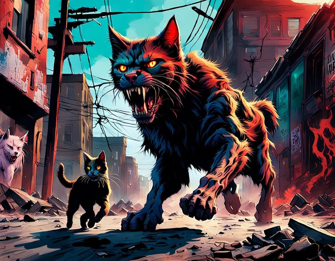Demonic Cat and Hellhound Attack in Post-Apocalyptic City