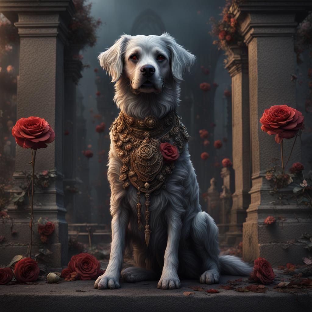 Loyal Dog's Grief: Cemetery Scene in Detailed Matte Painting