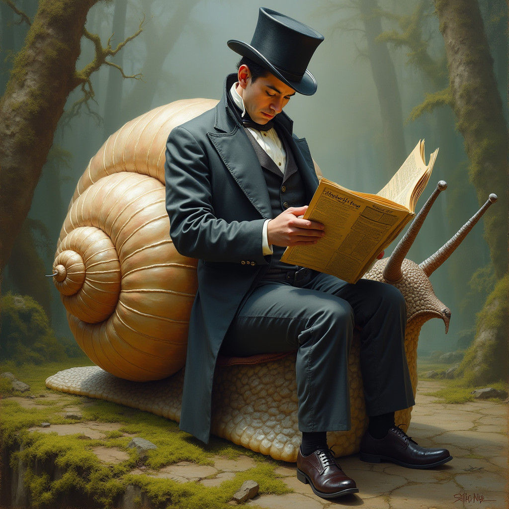 Victorian Gentleman Rides Snail in Oil Painting Style