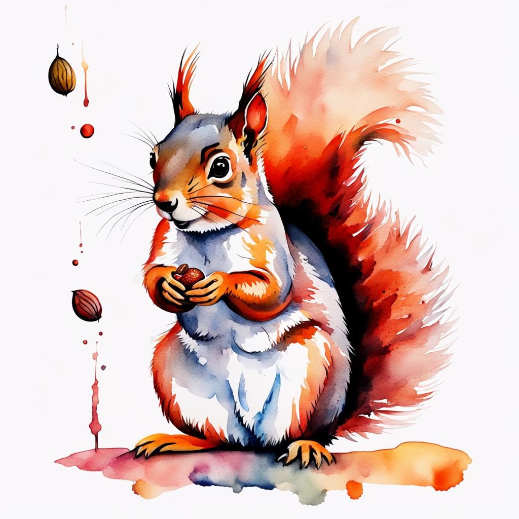 Watercolor Squirrel with Nut in Abstract Style