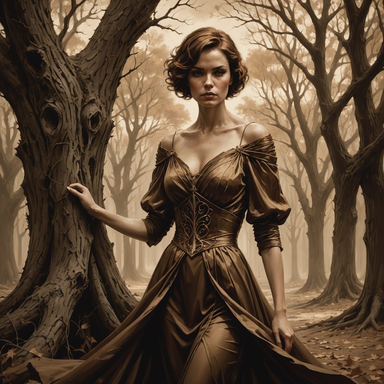 Sepia Portrait of Woman Hiding Behind Tree