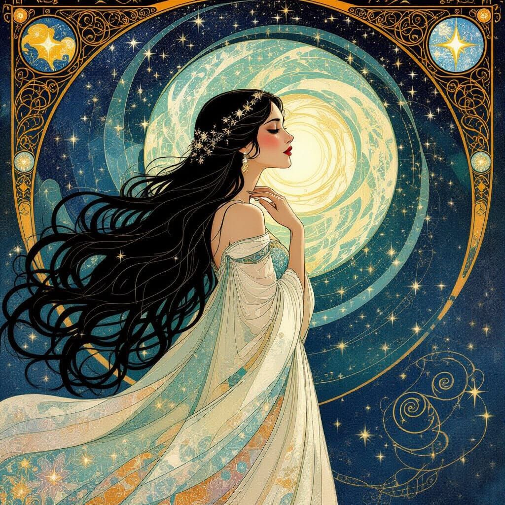 Ethereal Woman Gazing at Cosmic Ballet in Art Nouveau Style