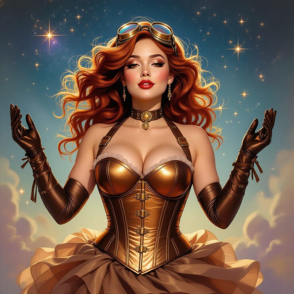 Woman in Goggles and Corset in Starfield, Oil Painting Style