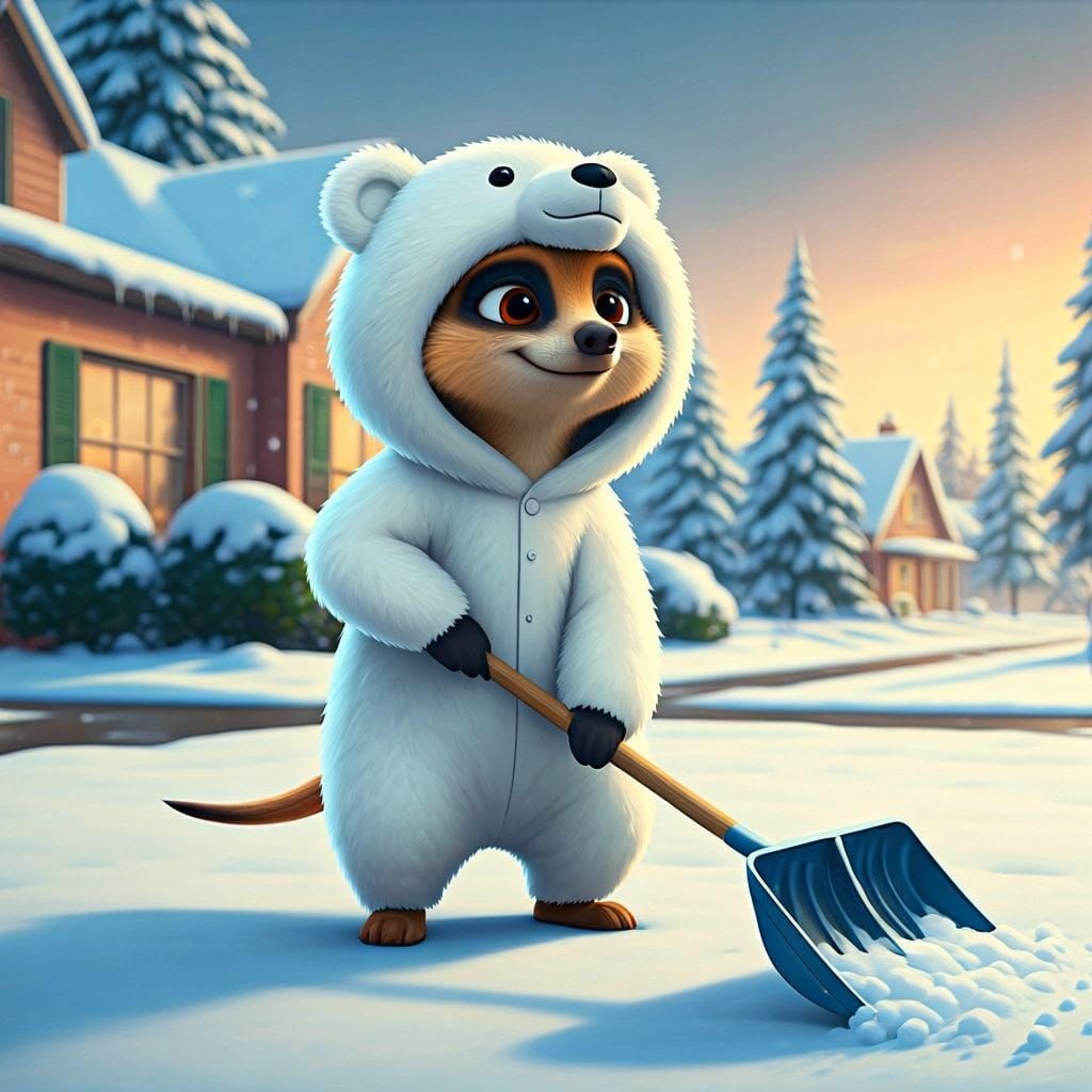 Animated Meerkat Shoveling Snow in Polar Bear Onesie