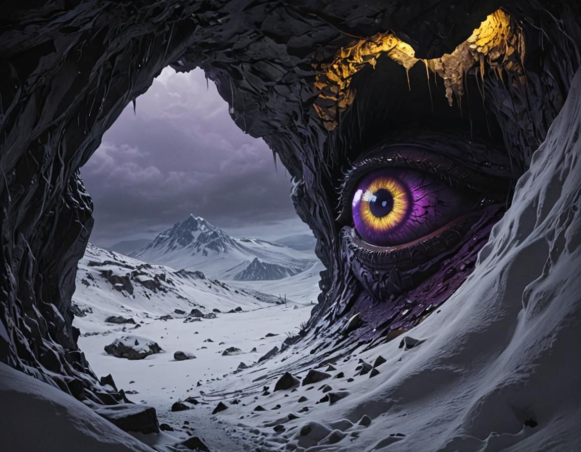 Ominous Eye Peering from Cave: Dark Fantasy Art