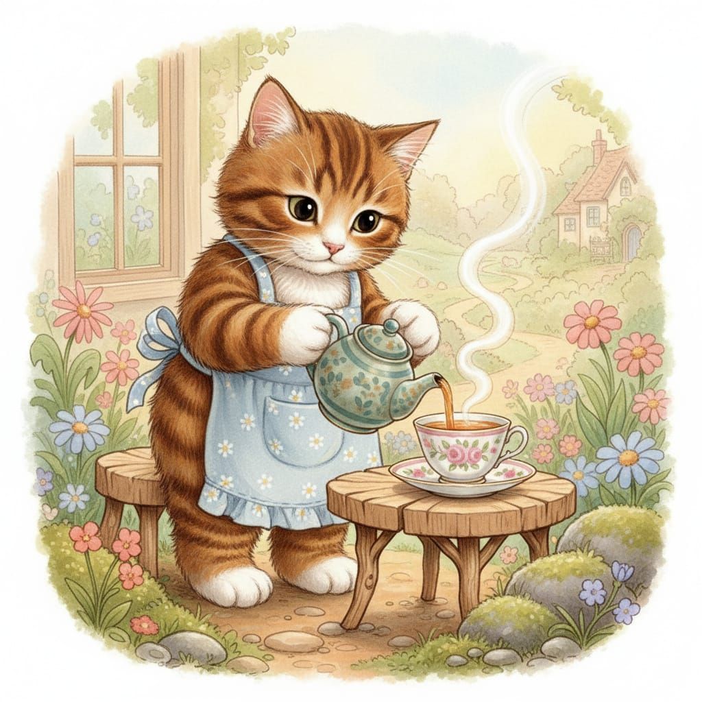 Cute Tabby Cat Pours Tea in Storybook Style