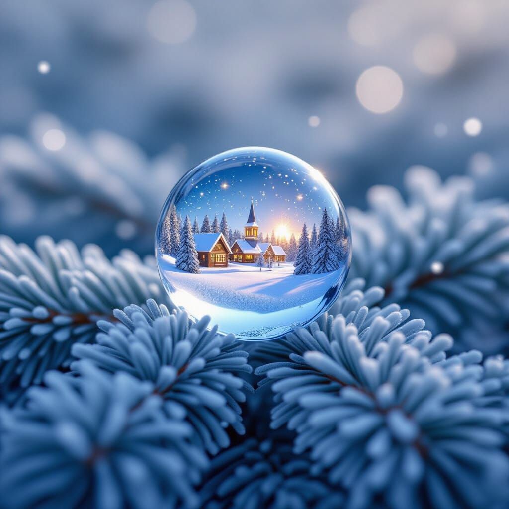 Macro Photo: Ice Droplet Refracts Snowy Village