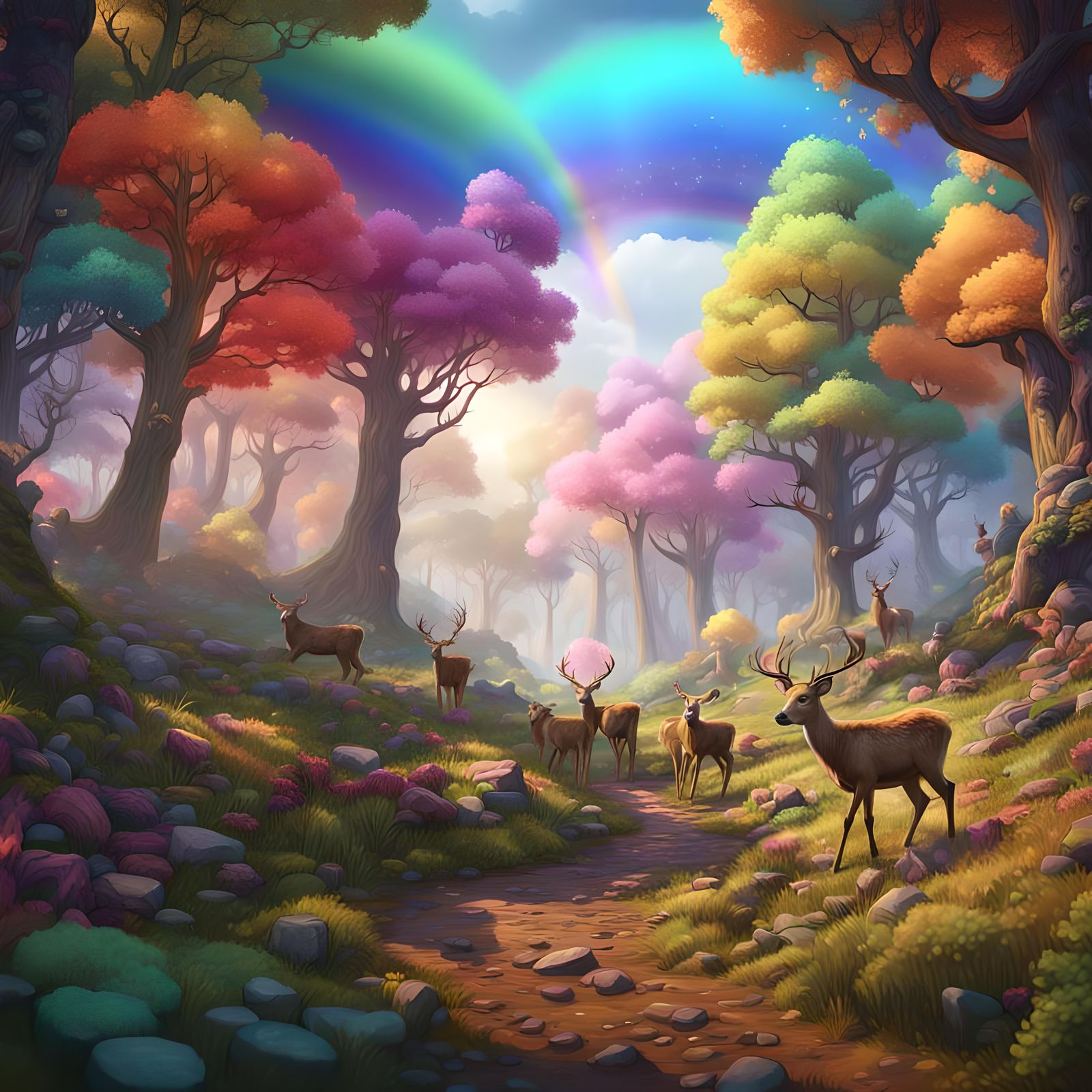 Rainbow Patchwork Forest with Deer Calves