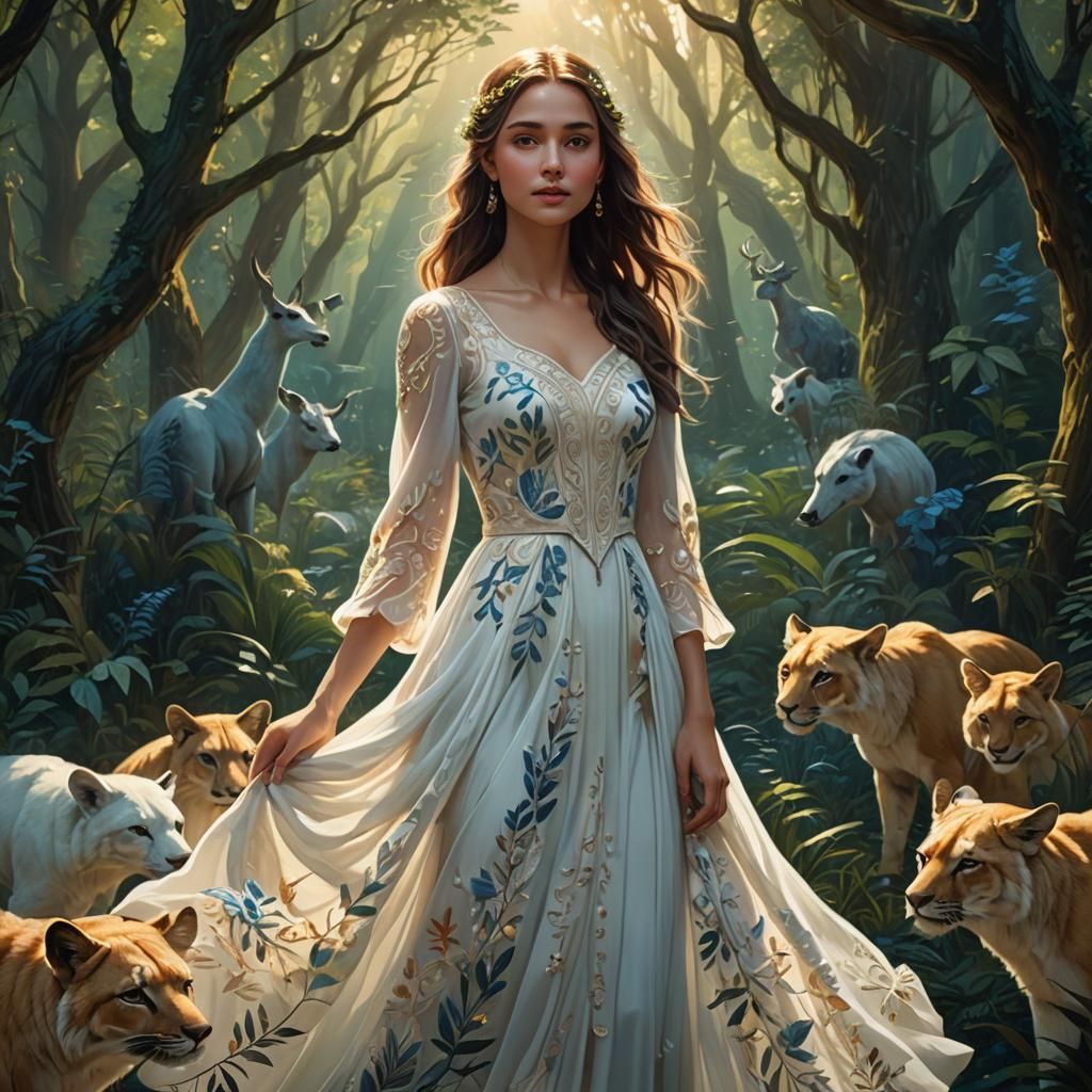 Enchanting Forest Girl Surrounded by Animals