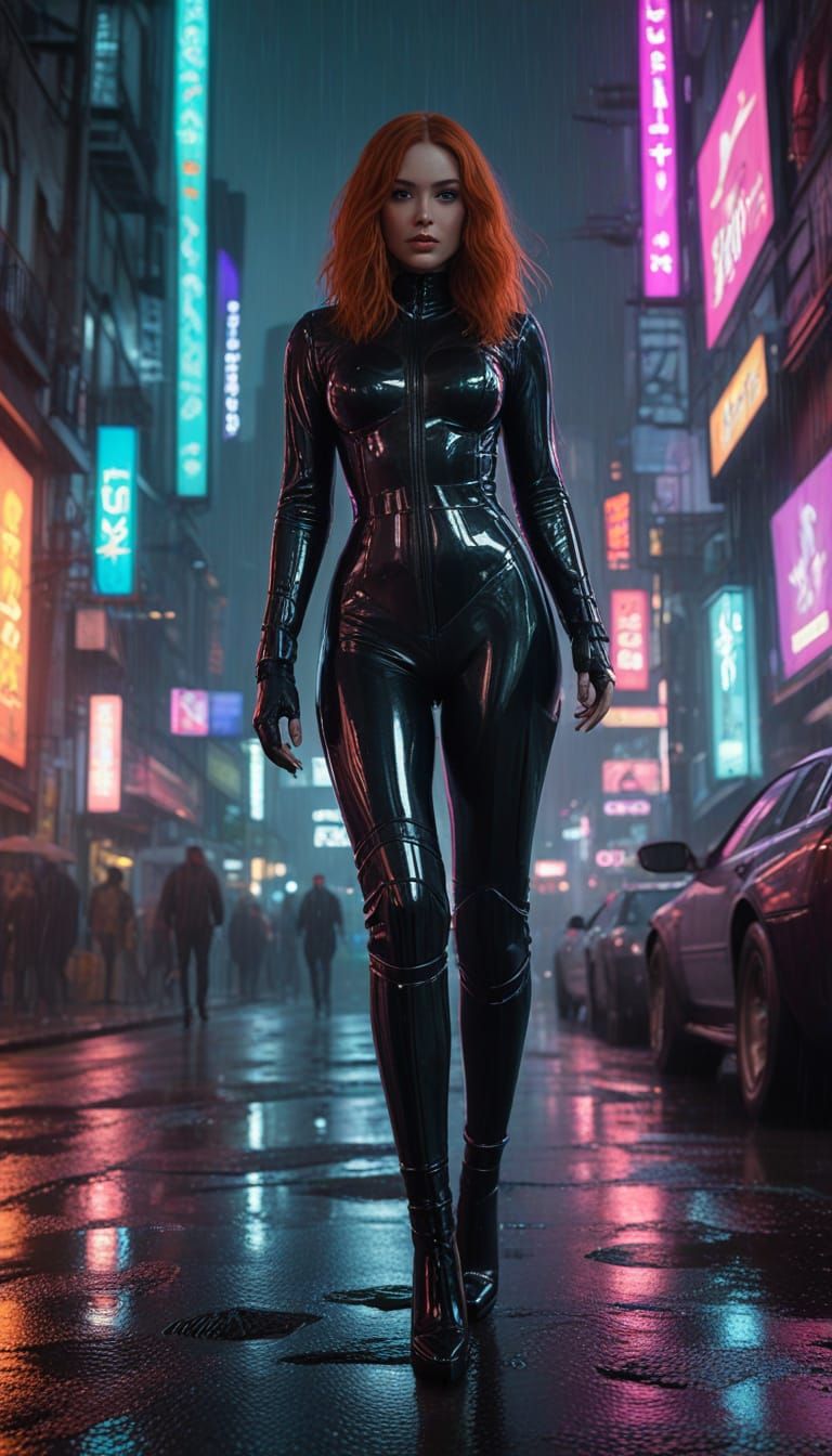 A 25 year old woman with long red hair, wearing a latex catsuit and high heels