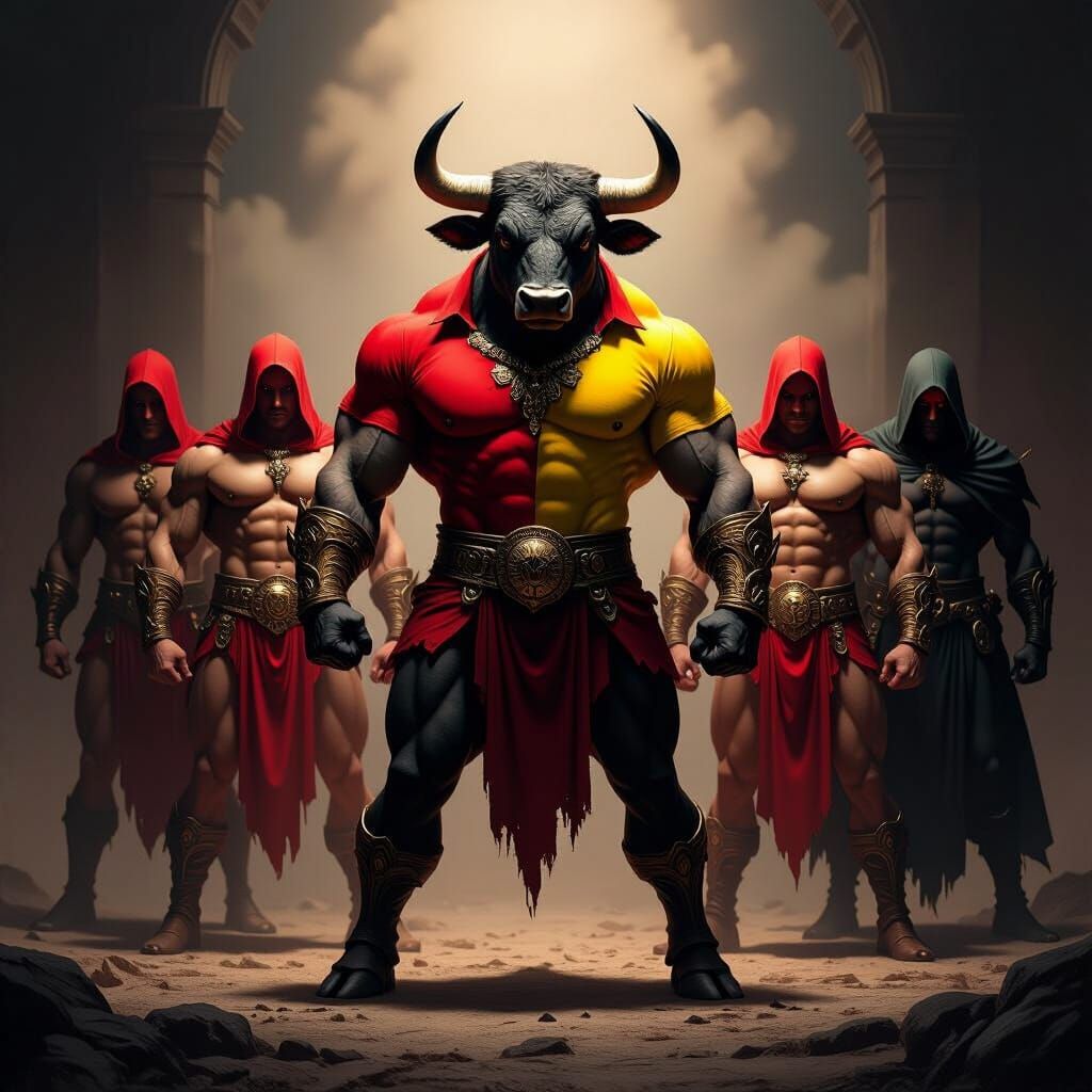 Spain as Minotaur with Assassins in Dramatic Digital Art