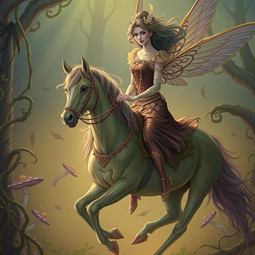 Ethereal Femme Fairy Riding a Majestic Centauress under the....