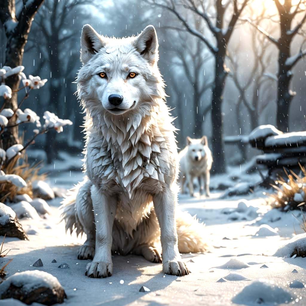 White Wolf Pup in Snowy Fantasy Landscape