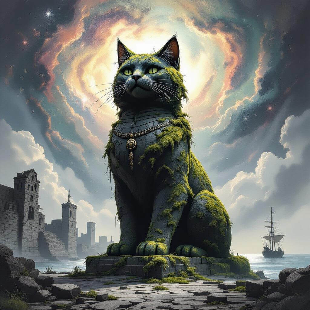 Colossal Ancient Cat Statue in Cosmic Nebula