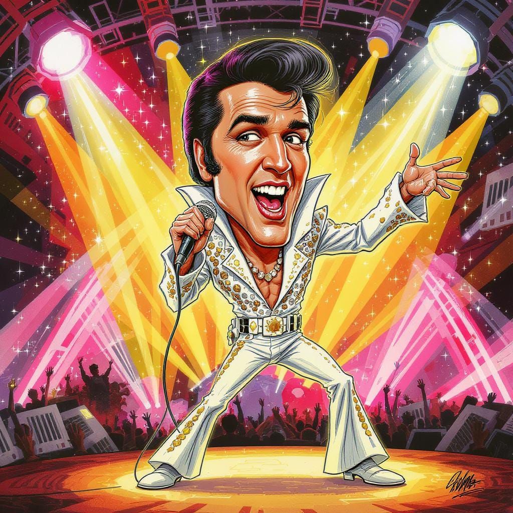 Elvis Caricature Singing on Stage with Vibrant Lights