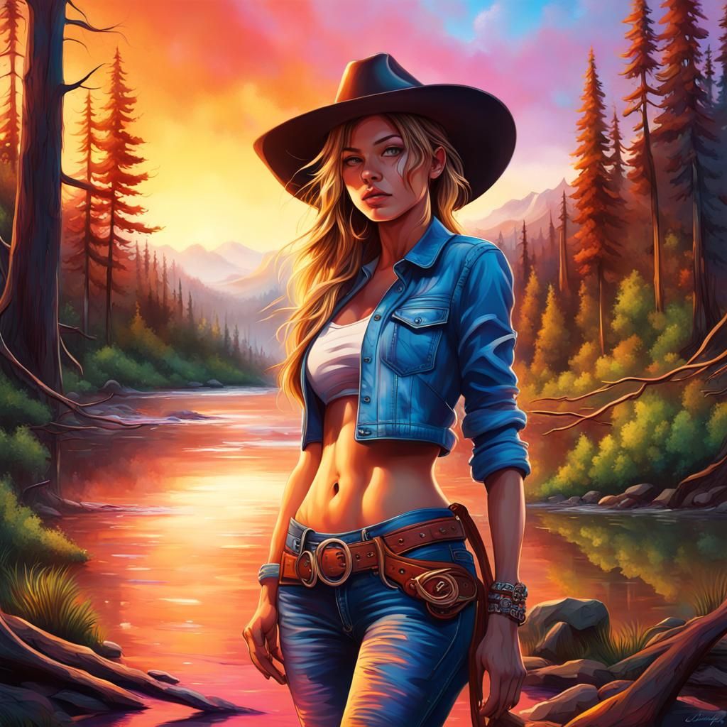 Cowgirl in Forest Sunset: Cinematic Graffiti Art