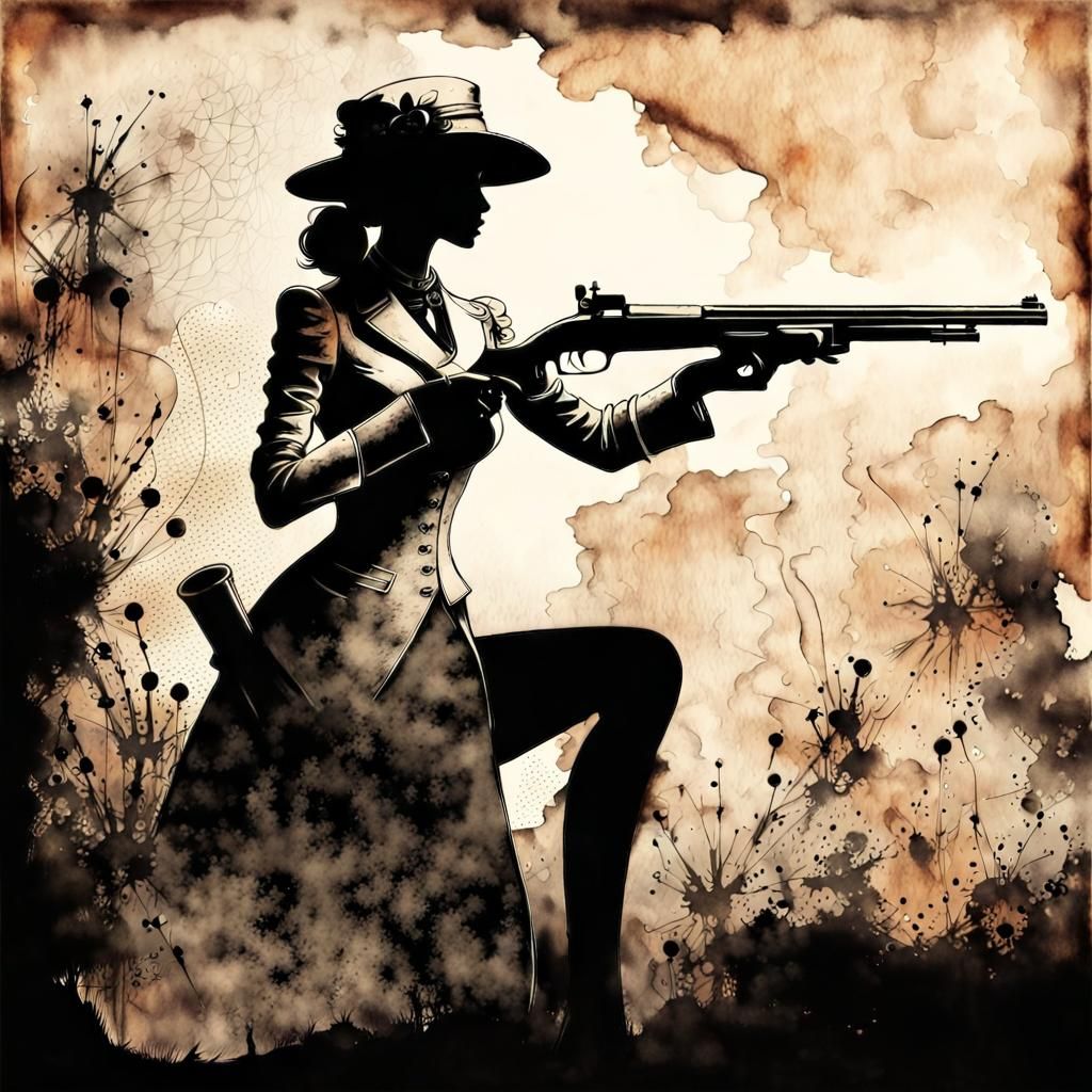 Steampunk Silhouette: Woman with Shotgun in Ink
