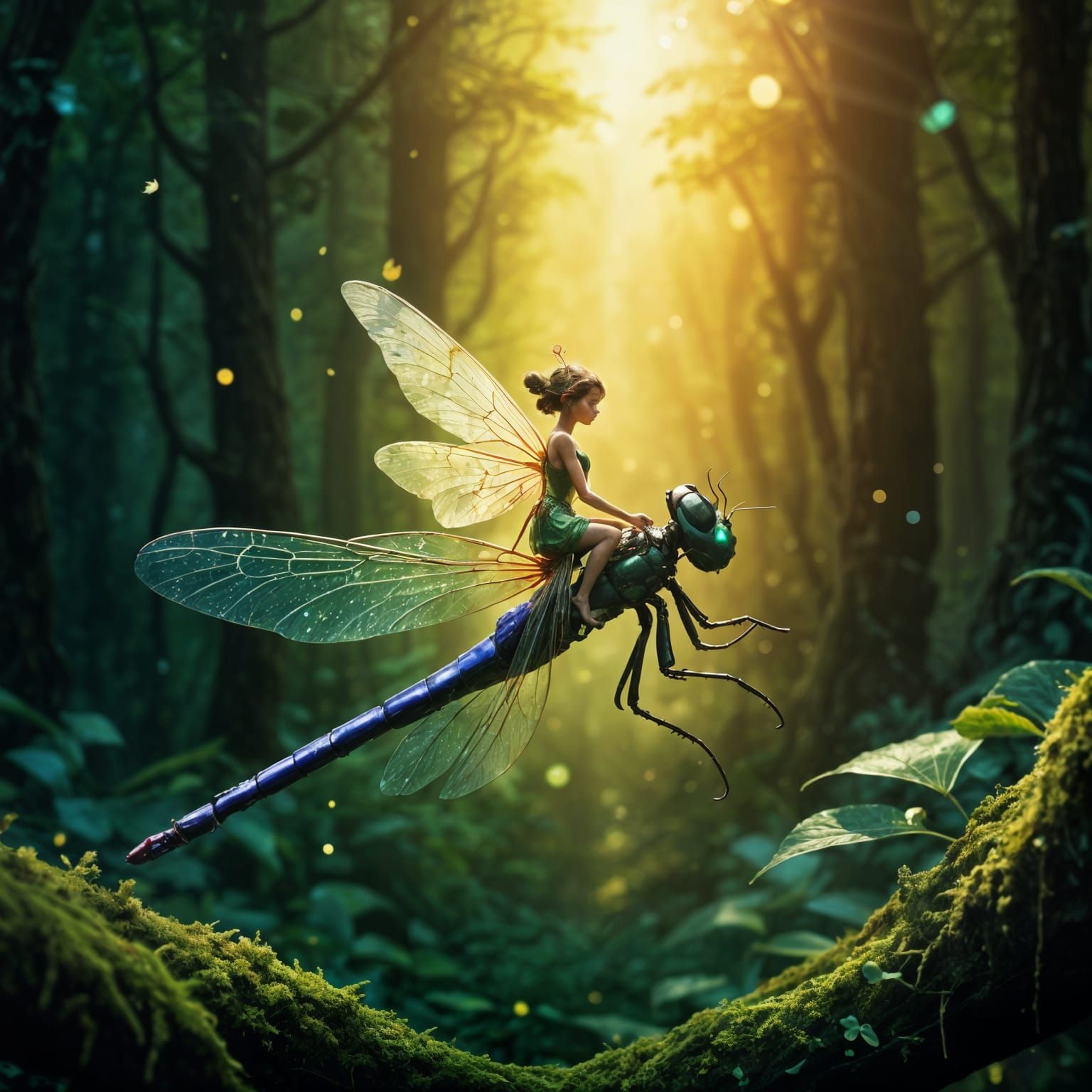 Fairy Riding Dragonfly in Dreamlike Forest