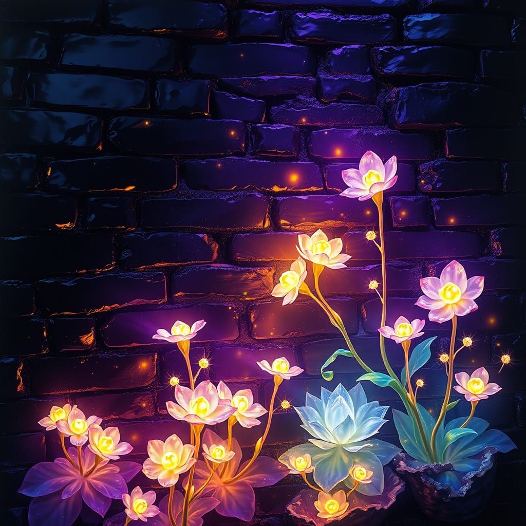 Surreal, Iridescent Scene Against Glossy Black Brick Wall