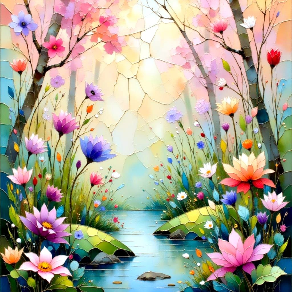 Mosaic Landscape with Water Reflections and Floral Elements