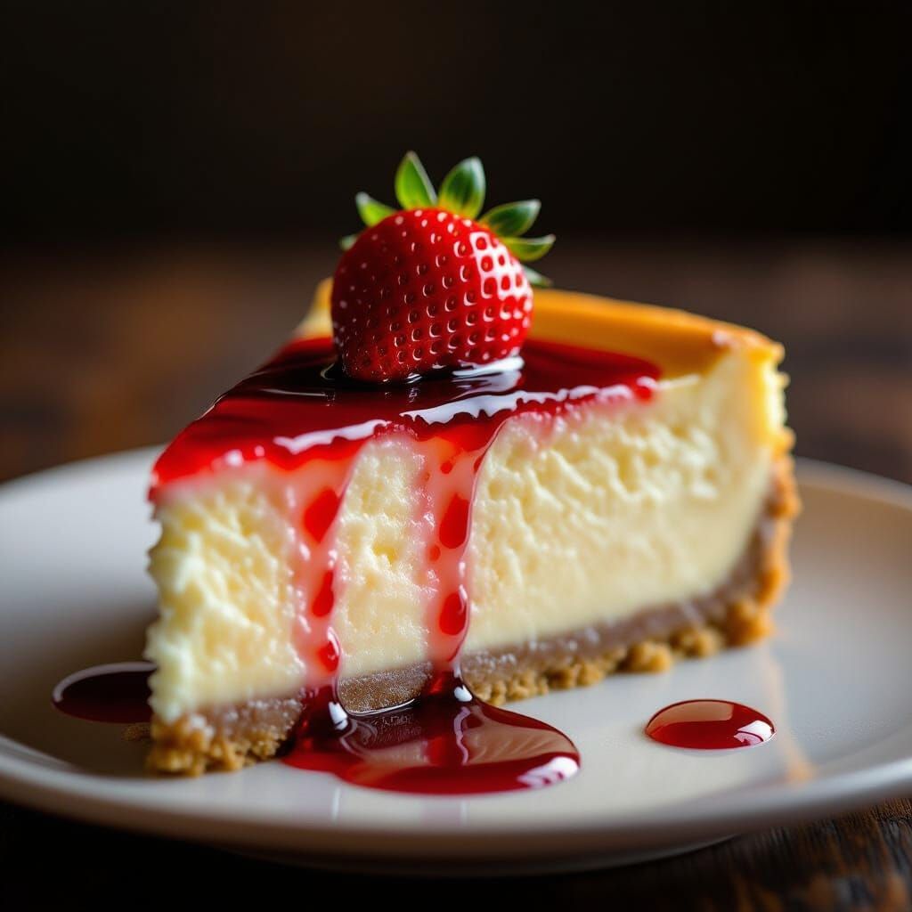 Decadent Cheesecake with Strawberry Syrup and Fresh Strawber...