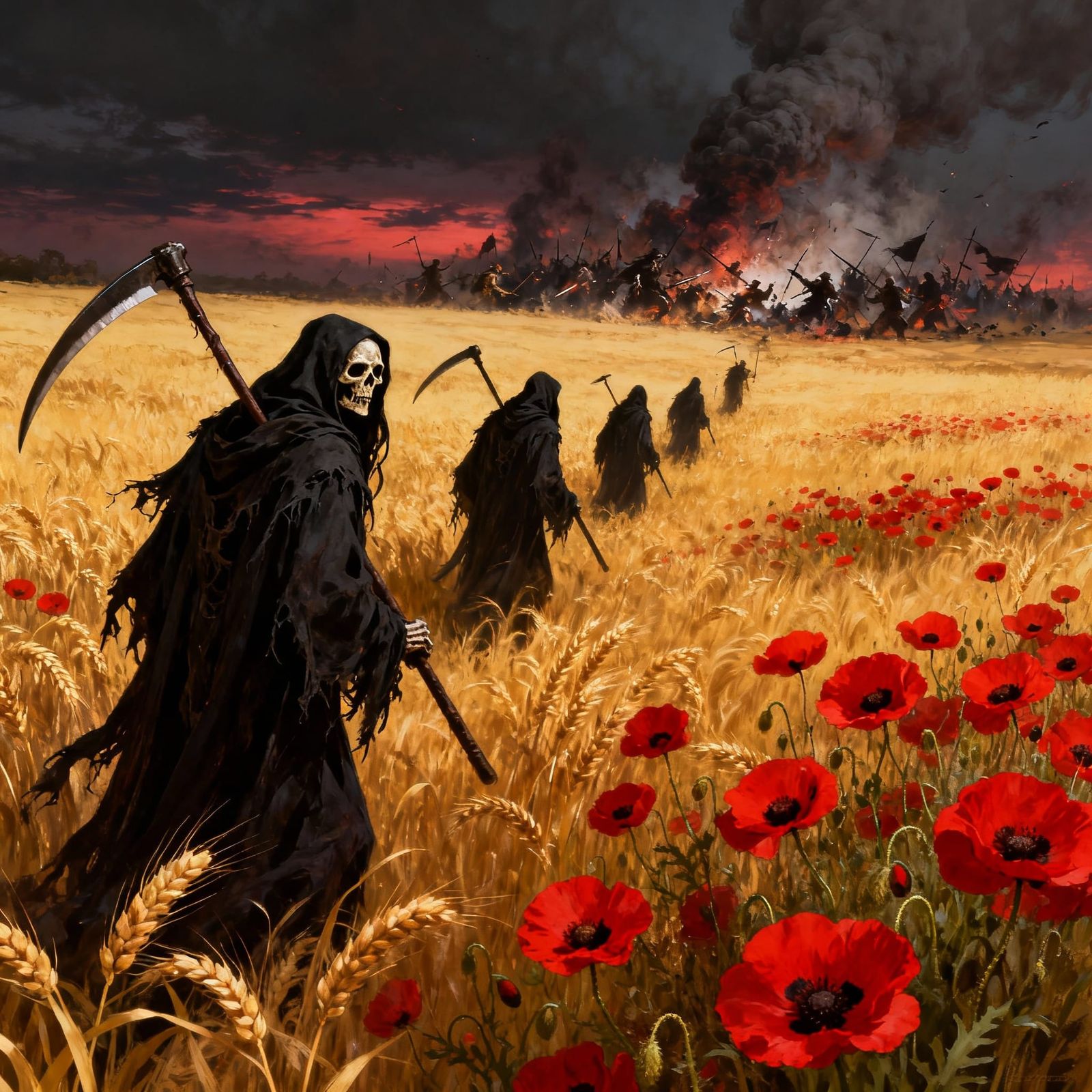 Grim Reapers Advance Through Poppies in Wheatfield Battle