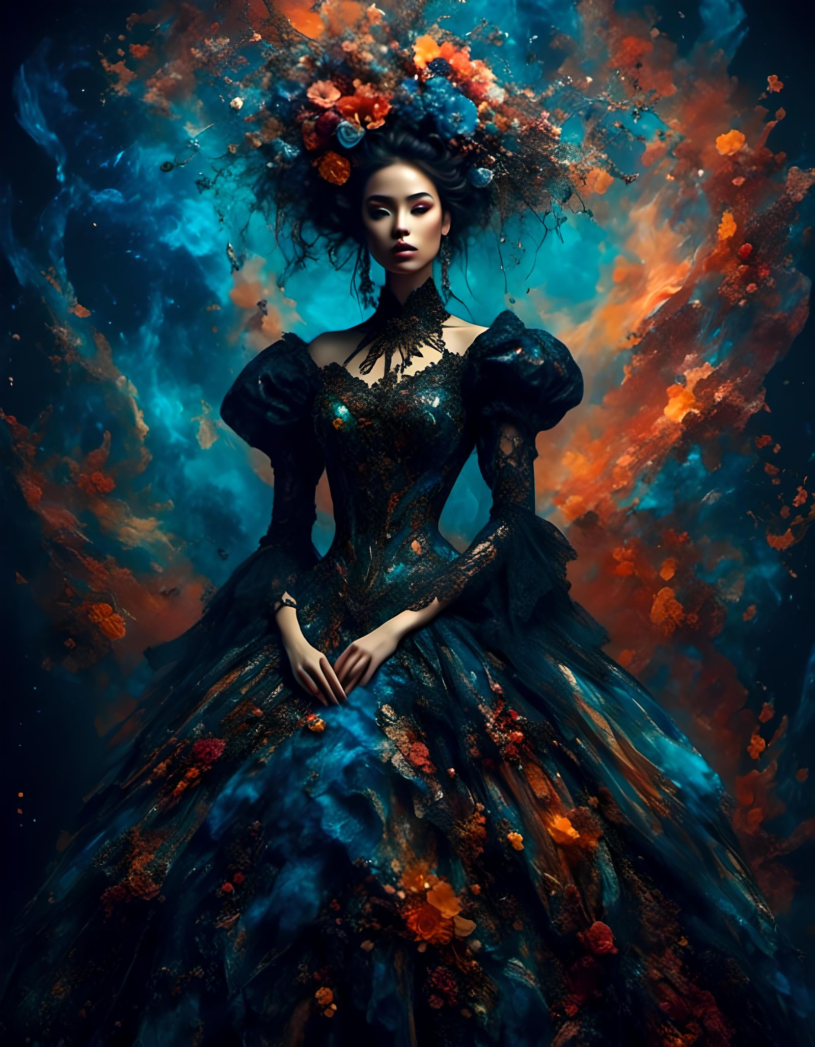 Girl in Renaissance Dress, Maximalist Portrait