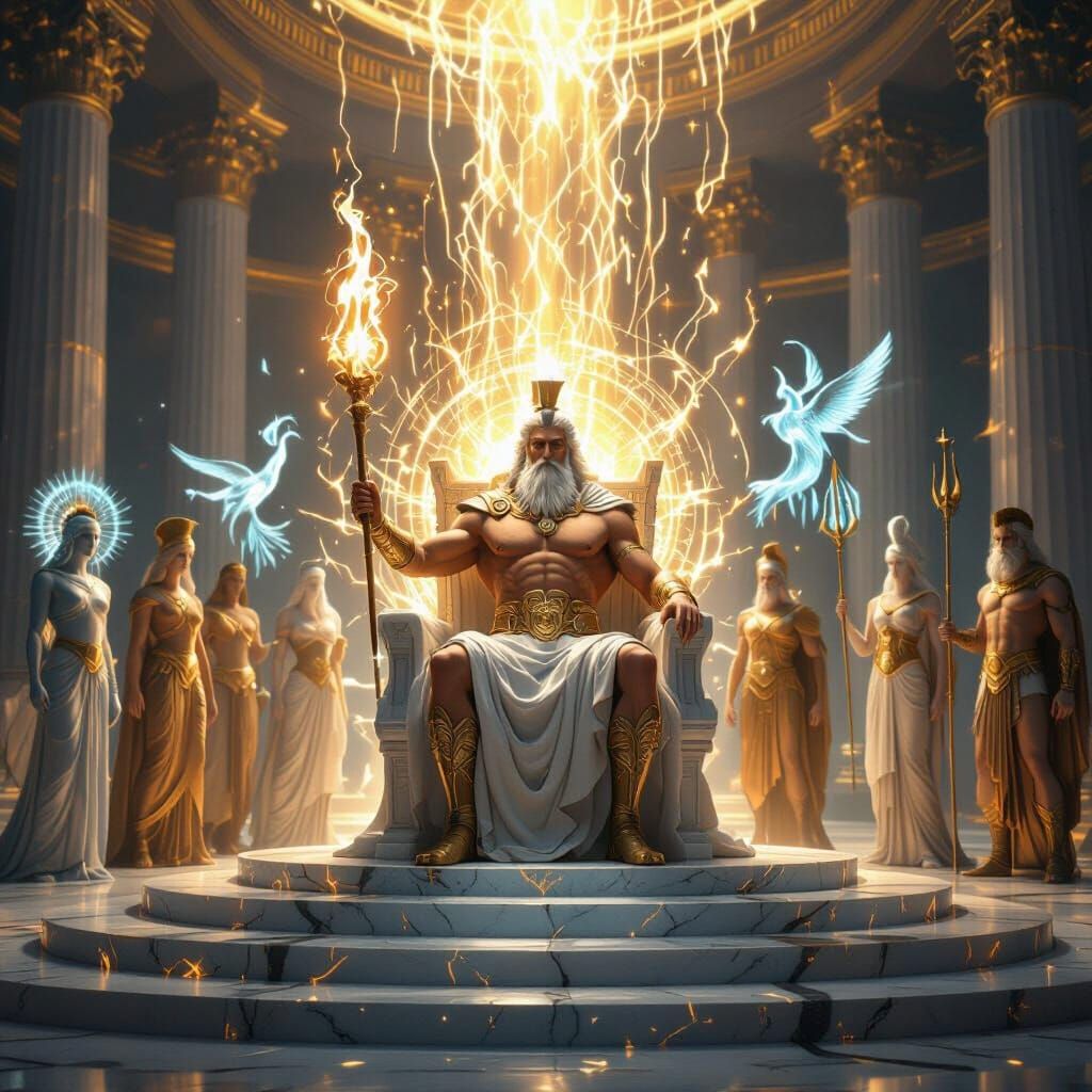 Zeus and Olympians in Futuristic Celestial Temple