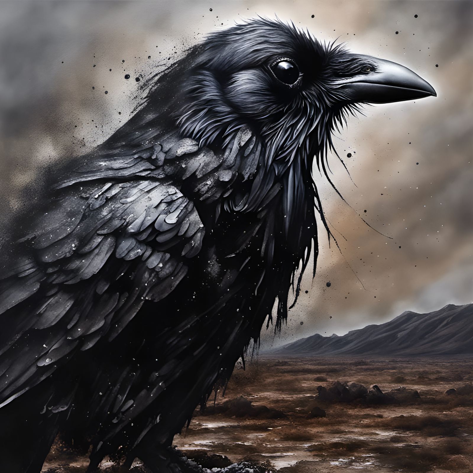 Broken-Winged Raven in Barren Land: Dark Airbrush Portrait
