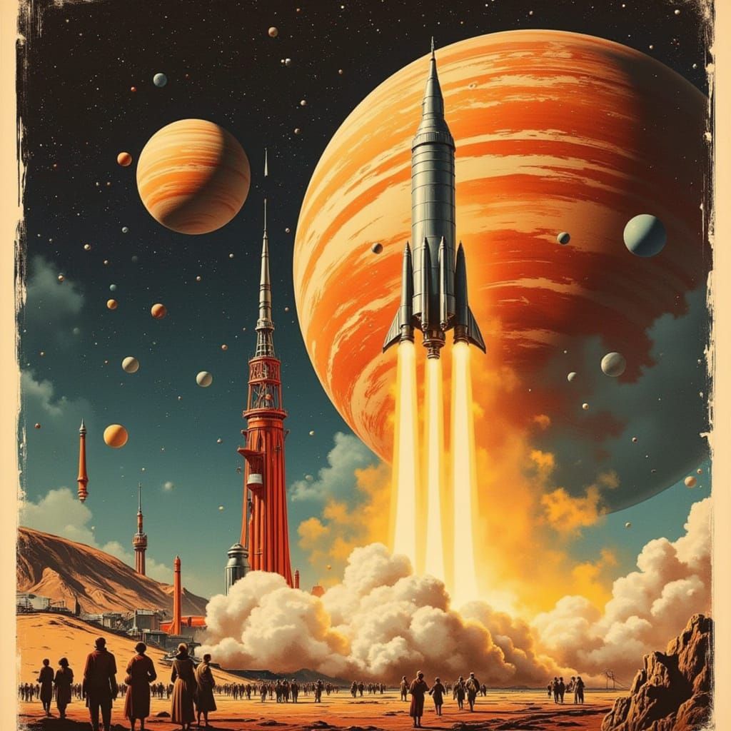 Vintage Sci-Fi Rocket Launch Poster Art