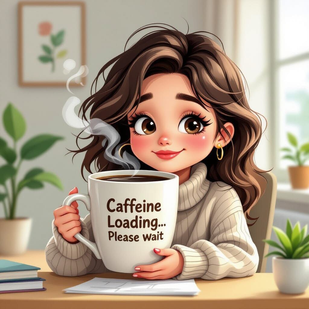 Sleepy Caricature with Giant Coffee Mug