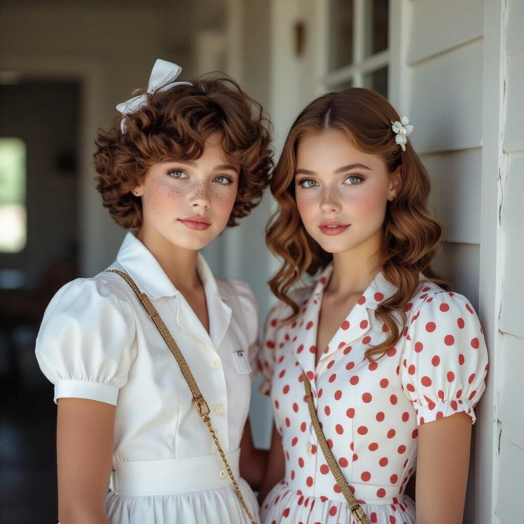 Crossdressing Teenager and Girl in Polka Dot Dresses