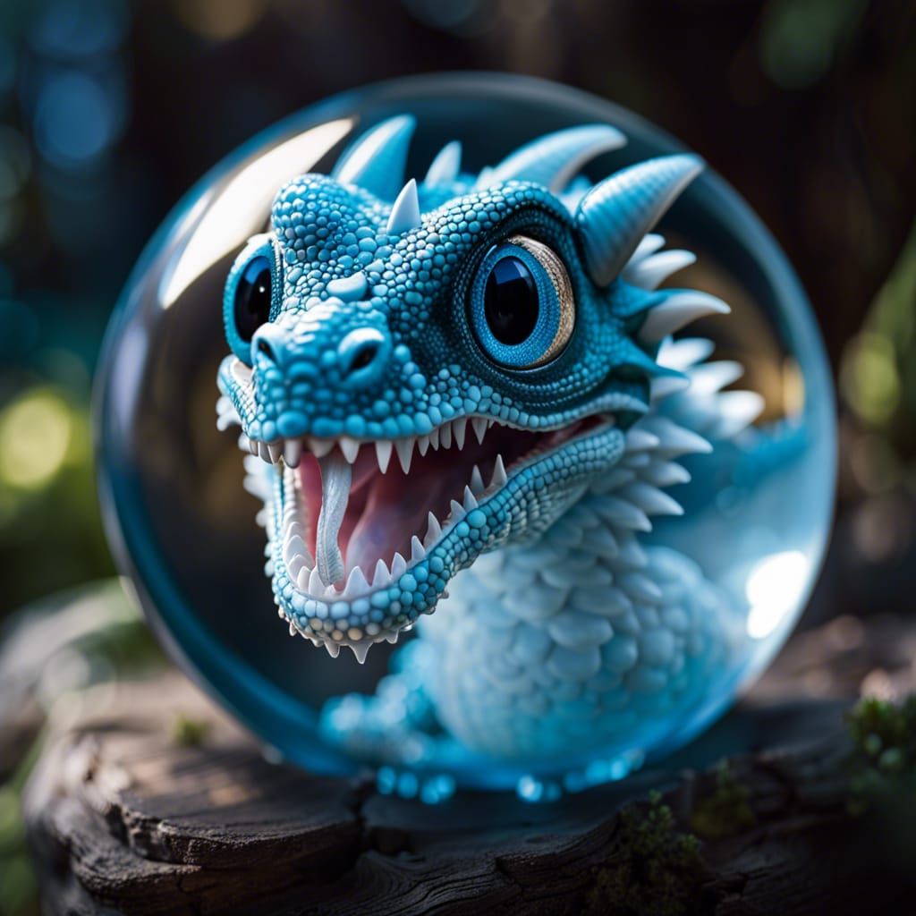 Cute Baby Ice Dragon in Glass Sphere