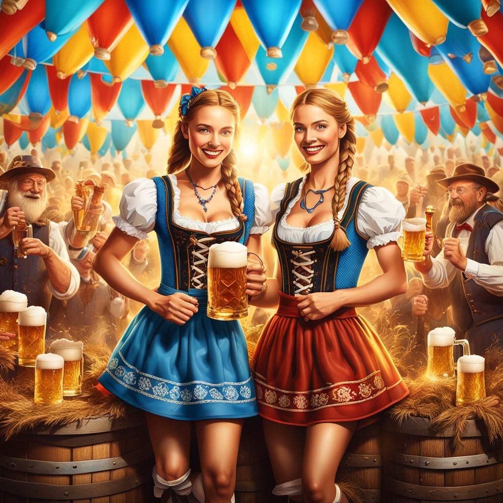 Oktoberfest 2024 Poster with Dirndls and Beer
