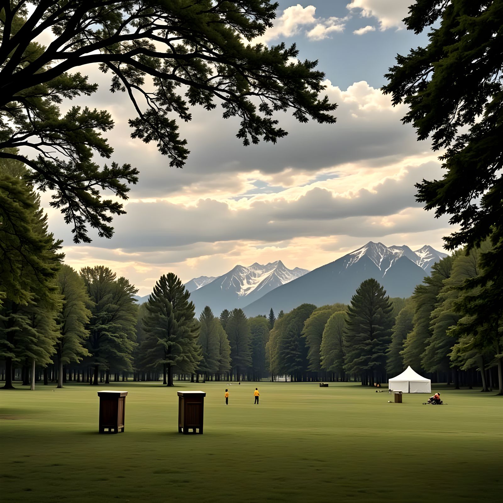 Lush Park Scene with Figures and Distant Mountains