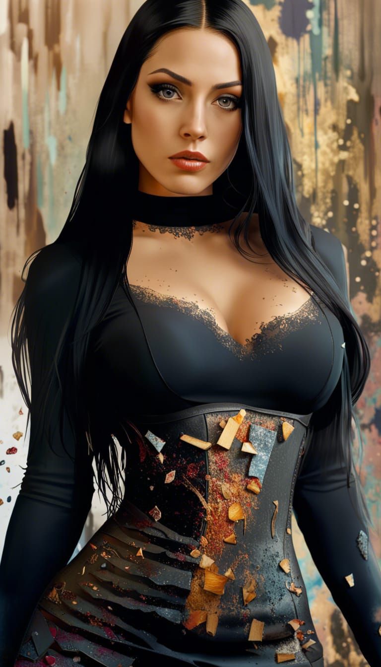 Grunge Portrait of Woman with Black Hair in Splash Art